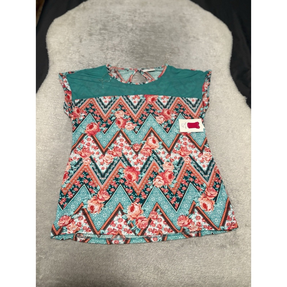 Bobbie Brooks Womens Top Large L New Floral Chevron Teal Cap Sleeve Keyhole Back